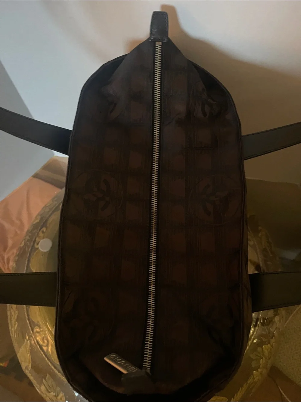 CHANEL Black and Brown Logo Jacquard Tote with Leather Handles